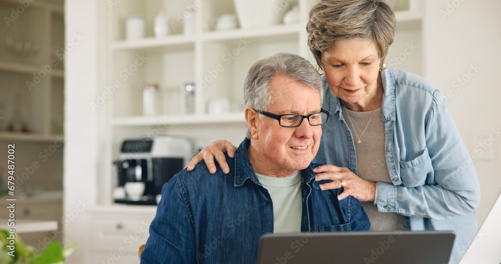 Budget, laptop or senior couple planning for financial spreadsheet or investment in retirement. Research, finance report or elderly people typing online to check savings account, mortgage or taxes