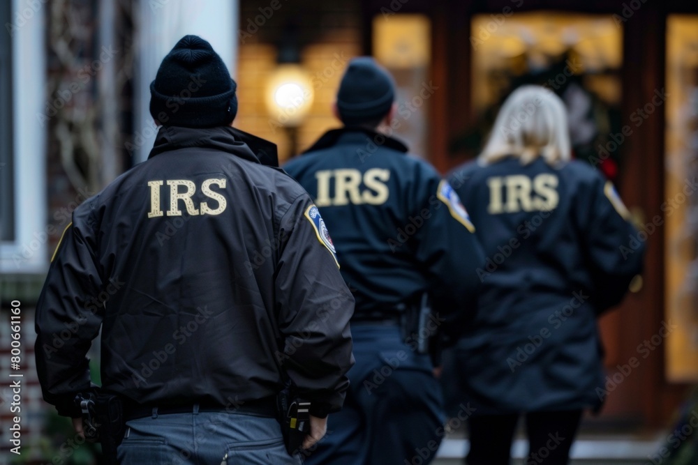 IRS tax agents standing in front of a mansion for a raid